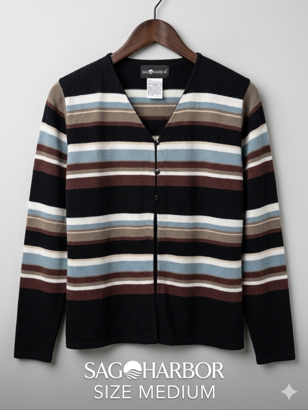 Sag Harbor Striped Button-Front Cardigan Sweater - Size Medium